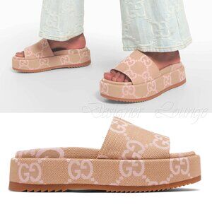 NEW GUCCI Macro GG Beige Monogram Canvas Platform Sandals Size EU 40.5 US 10.5